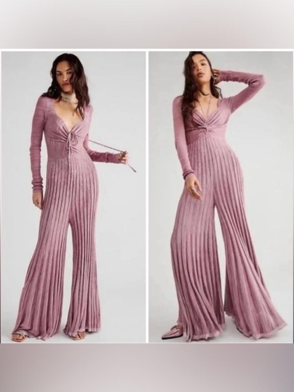 Free People Dusty Mauve Ribbed Wide-Leg Lady Luck Jumpsuit